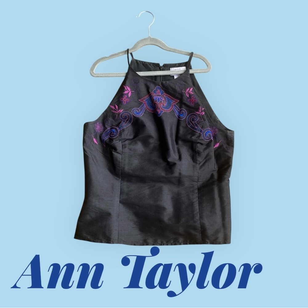 Silk Ann Taylor Black Halter Camisole with Purple and Pink Embroidery